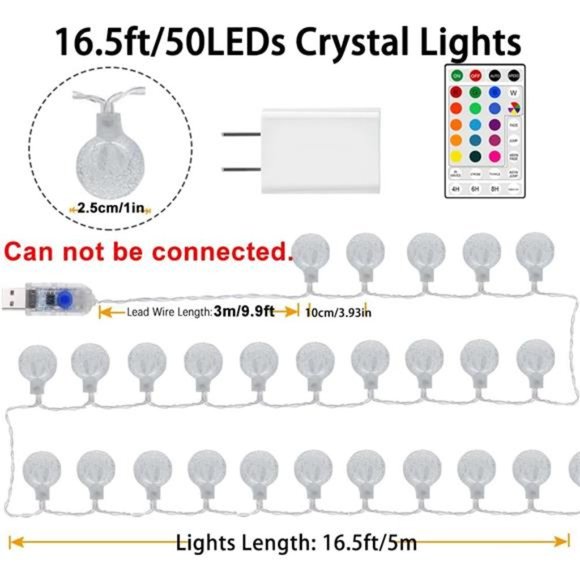 Color Changing Globe String Lights USB Plug, 16.5ft 50 LEDs Crystal Bubble Ball - Picture 6 of 6